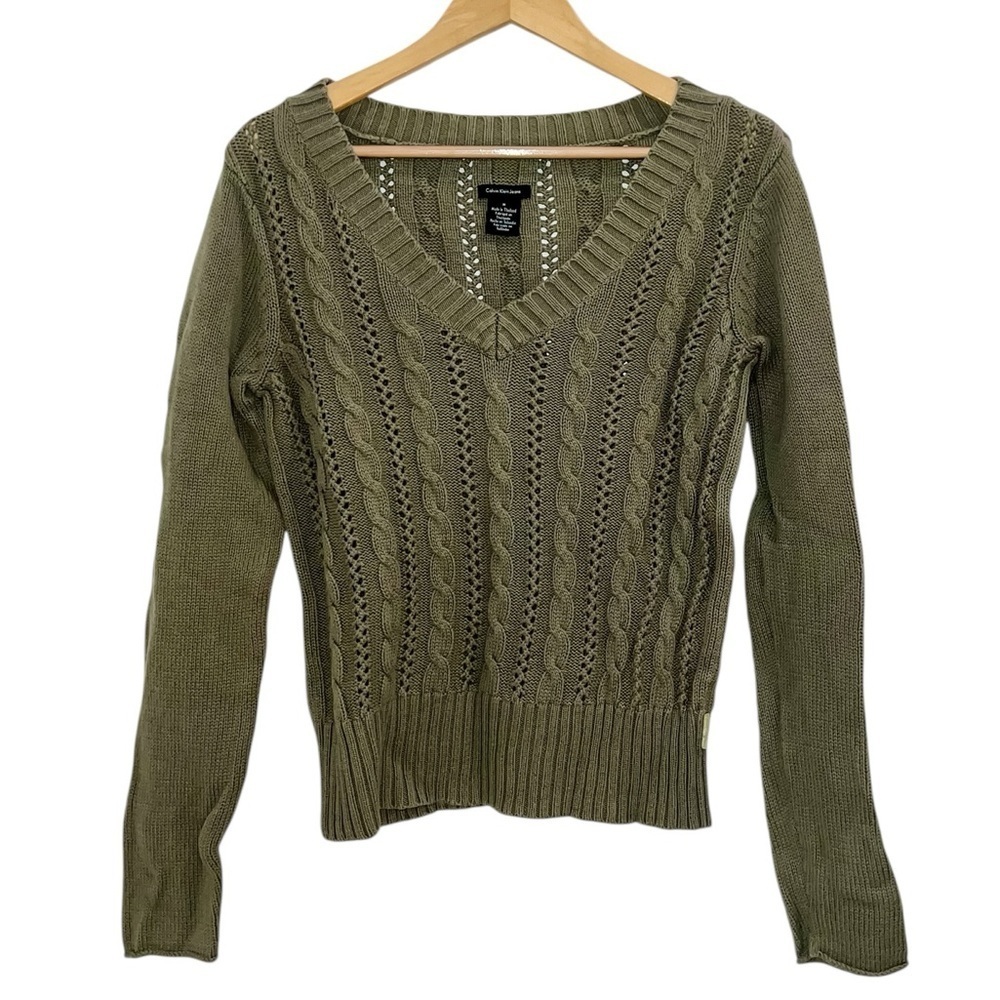 Calvin Klein Jeans Open Weave Cable Knit V-neck Sweater Olive Green